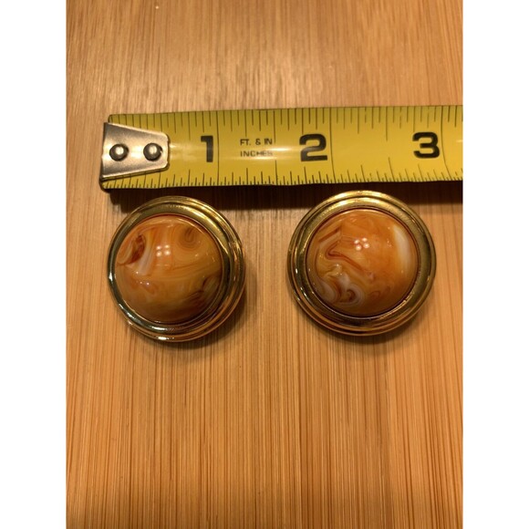 Vintage Joan Rivers Gold Tone Round Orange Marble Swirl Cabochon Clip Earrings - Picture 1 of 5